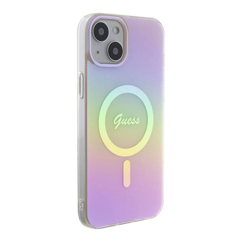 Apple iPhone 15 Case Guess Original Licensed Magsafe Charging Feature Iridescent Cover with Text Logo - 32