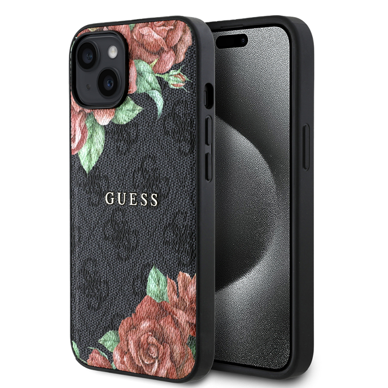 Apple iPhone 15 Case Guess Original Licensed Magsafe Charging Feature Rose Printed 4G Patterned Text Logo Cover - 2