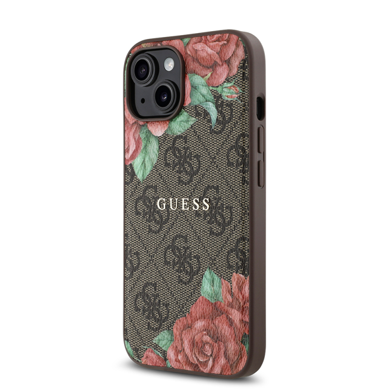 Apple iPhone 15 Case Guess Original Licensed Magsafe Charging Feature Rose Printed 4G Patterned Text Logo Cover - 11