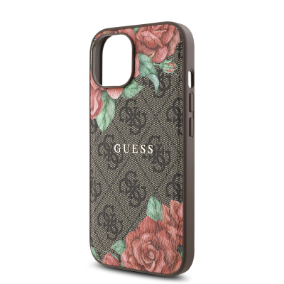 Apple iPhone 15 Case Guess Original Licensed Magsafe Charging Feature Rose Printed 4G Patterned Text Logo Cover - 15