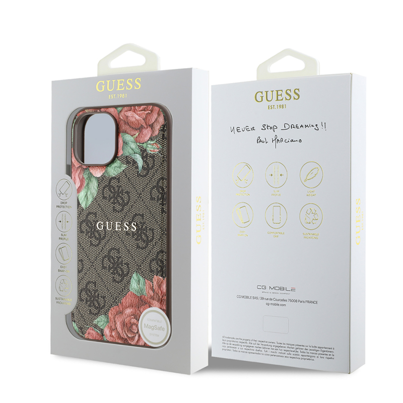 Apple iPhone 15 Case Guess Original Licensed Magsafe Charging Feature Rose Printed 4G Patterned Text Logo Cover - 17