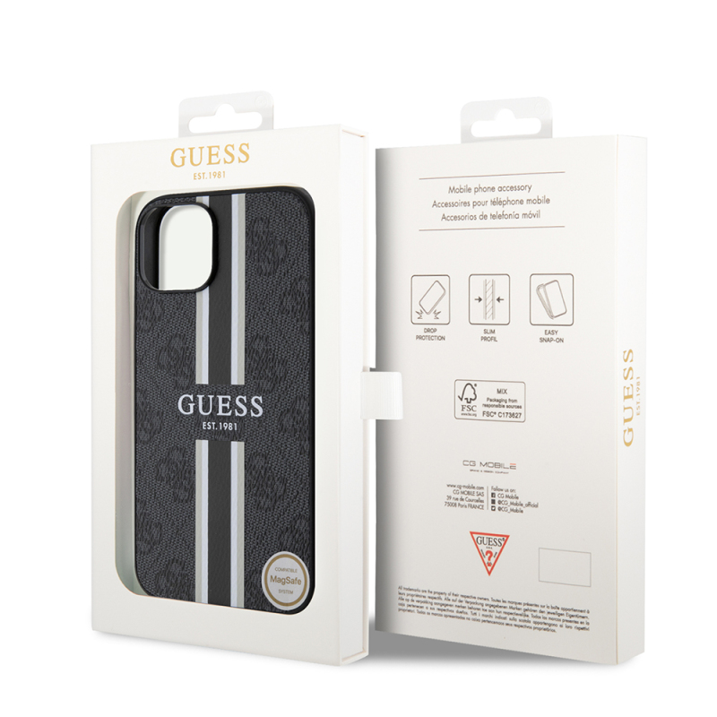 Apple iPhone 15 Case Guess Original Licensed Magsafe Charging Featured 4G Strip Design Printed Cover - 25