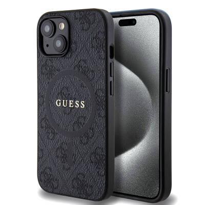 Apple iPhone 15 Case Guess Original Licensed Magsafe Charging Featured PU Ring 4G Patterned Text Logo Cover - 1