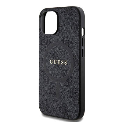 Apple iPhone 15 Case Guess Original Licensed Magsafe Charging Featured PU Ring 4G Patterned Text Logo Cover - 5