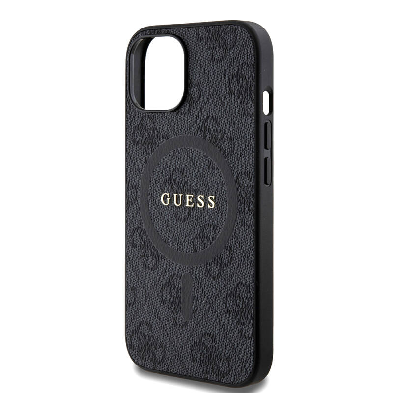 Apple iPhone 15 Case Guess Original Licensed Magsafe Charging Featured PU Ring 4G Patterned Text Logo Cover - 5