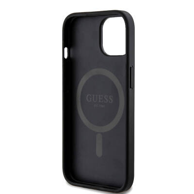Apple iPhone 15 Case Guess Original Licensed Magsafe Charging Featured PU Ring 4G Patterned Text Logo Cover - 6