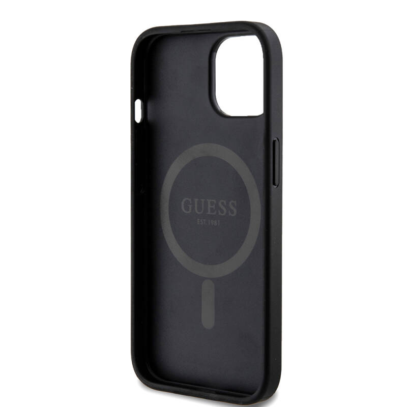 Apple iPhone 15 Case Guess Original Licensed Magsafe Charging Featured PU Ring 4G Patterned Text Logo Cover - 6