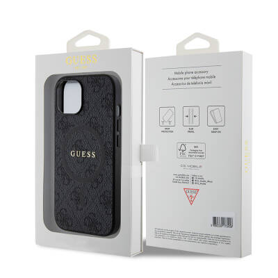 Apple iPhone 15 Case Guess Original Licensed Magsafe Charging Featured PU Ring 4G Patterned Text Logo Cover - 7