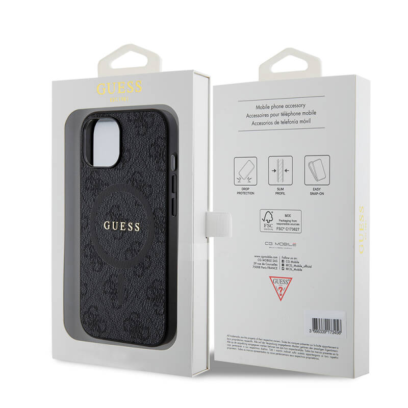 Apple iPhone 15 Case Guess Original Licensed Magsafe Charging Featured PU Ring 4G Patterned Text Logo Cover - 7
