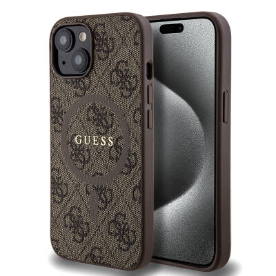 Apple iPhone 15 Case Guess Original Licensed Magsafe Charging Featured PU Ring 4G Patterned Text Logo Cover - 9