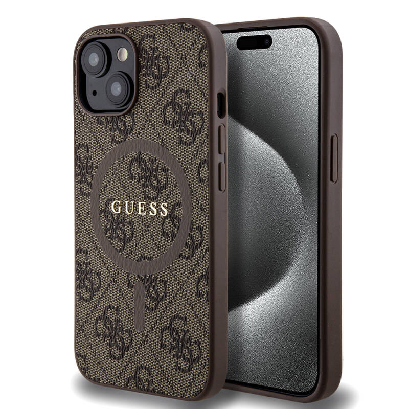 Apple iPhone 15 Case Guess Original Licensed Magsafe Charging Featured PU Ring 4G Patterned Text Logo Cover - 9