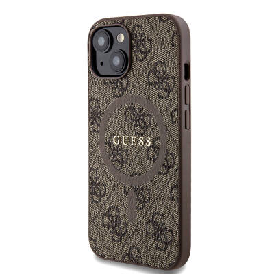 Apple iPhone 15 Case Guess Original Licensed Magsafe Charging Featured PU Ring 4G Patterned Text Logo Cover - 10