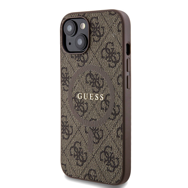 Apple iPhone 15 Case Guess Original Licensed Magsafe Charging Featured PU Ring 4G Patterned Text Logo Cover - 10