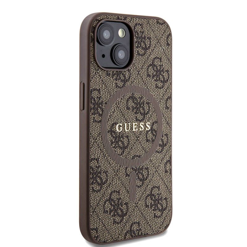 Apple iPhone 15 Case Guess Original Licensed Magsafe Charging Featured PU Ring 4G Patterned Text Logo Cover - 11