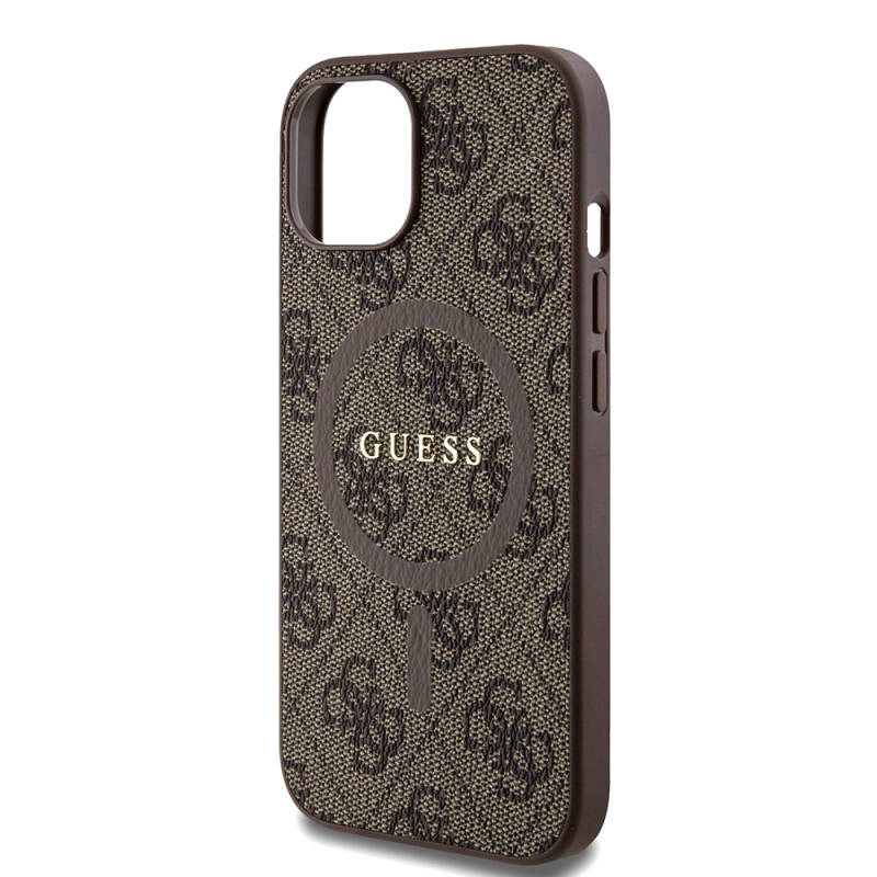 Apple iPhone 15 Case Guess Original Licensed Magsafe Charging Featured PU Ring 4G Patterned Text Logo Cover - 13