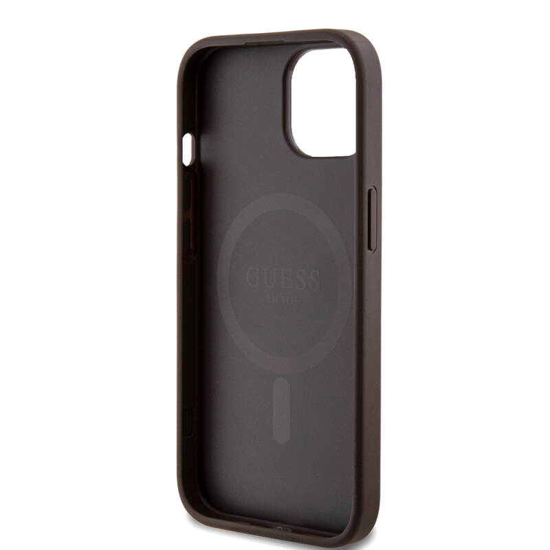 Apple iPhone 15 Case Guess Original Licensed Magsafe Charging Featured PU Ring 4G Patterned Text Logo Cover - 14