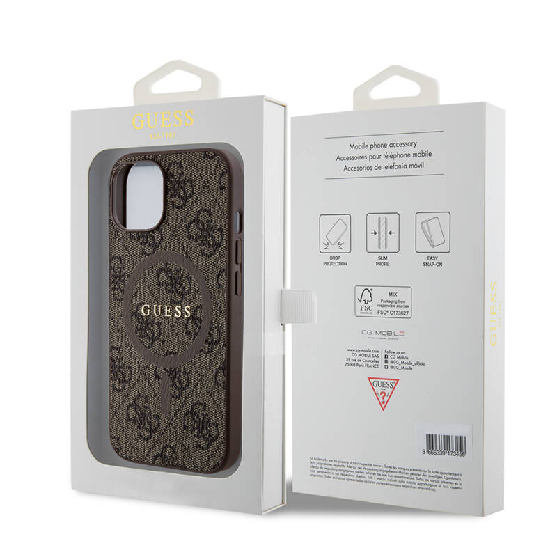 Apple iPhone 15 Case Guess Original Licensed Magsafe Charging Featured PU Ring 4G Patterned Text Logo Cover - 15