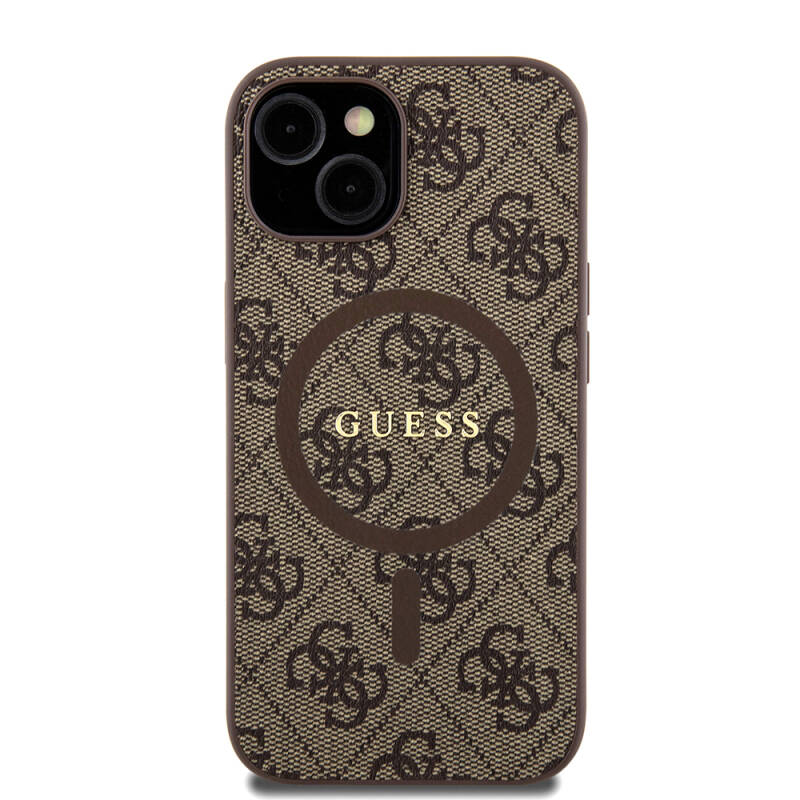Apple iPhone 15 Case Guess Original Licensed Magsafe Charging Featured PU Ring 4G Patterned Text Logo Cover - 17