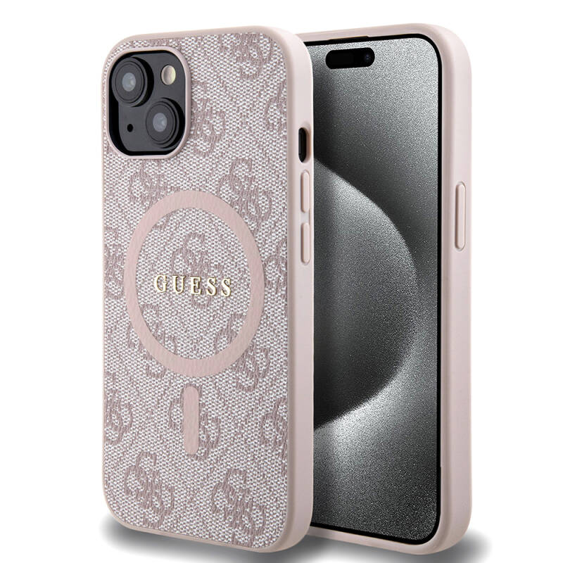 Apple iPhone 15 Case Guess Original Licensed Magsafe Charging Featured PU Ring 4G Patterned Text Logo Cover - 16