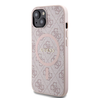 Apple iPhone 15 Case Guess Original Licensed Magsafe Charging Featured PU Ring 4G Patterned Text Logo Cover - 18