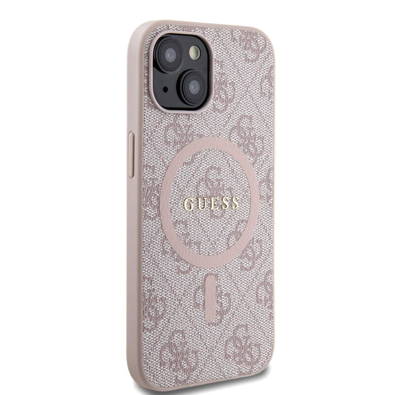 Apple iPhone 15 Case Guess Original Licensed Magsafe Charging Featured PU Ring 4G Patterned Text Logo Cover - 19