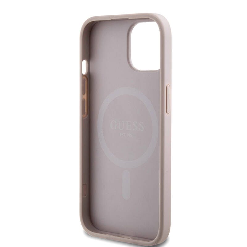 Apple iPhone 15 Case Guess Original Licensed Magsafe Charging Featured PU Ring 4G Patterned Text Logo Cover - 22