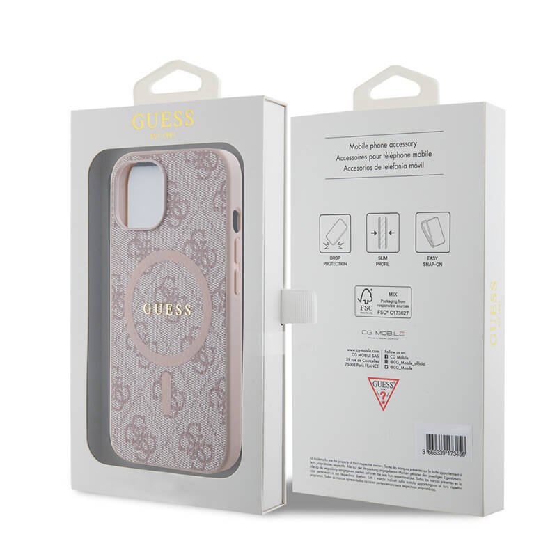 Apple iPhone 15 Case Guess Original Licensed Magsafe Charging Featured PU Ring 4G Patterned Text Logo Cover - 23