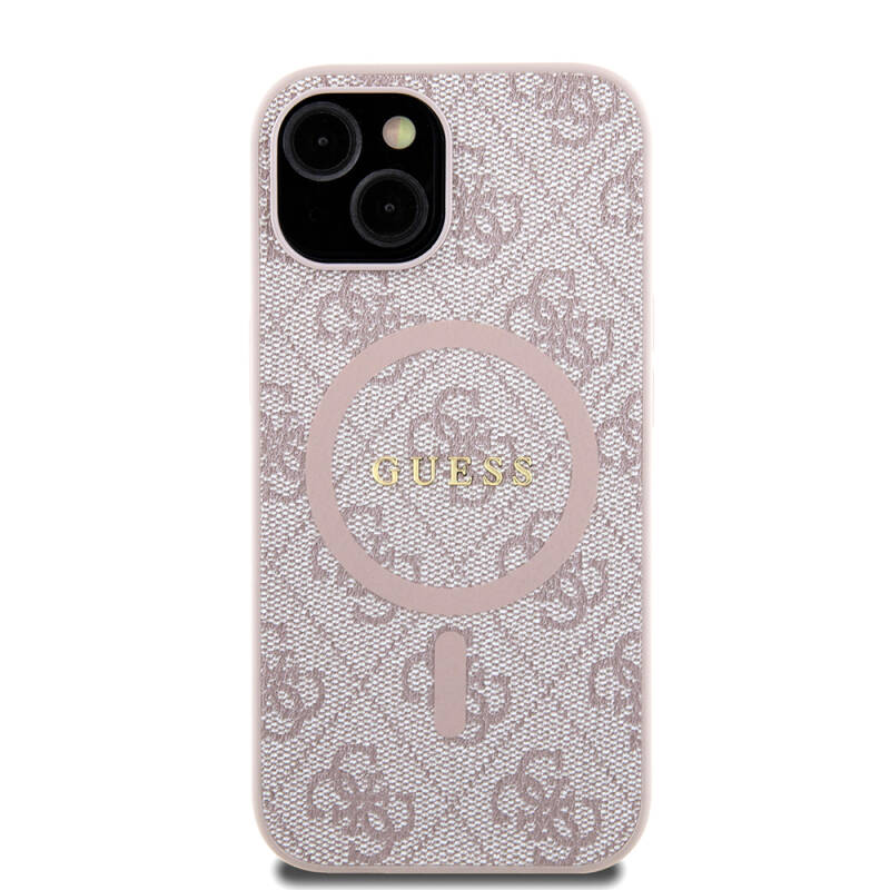 Apple iPhone 15 Case Guess Original Licensed Magsafe Charging Featured PU Ring 4G Patterned Text Logo Cover - 24
