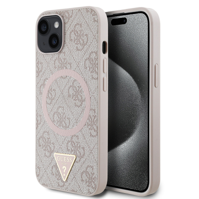 Apple iPhone 15 Case Guess Original Licensed Magsafe Charging Featured PU Triangle Logo 4G Patterned Cover - 18