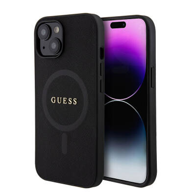 Apple iPhone 15 Case Guess Original Licensed Magsafe Charging Featured Saffiano Cover with Text Logo - 1