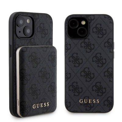 Apple iPhone 15 Case Guess Original Licensed Magsafe Charging Features 4G Patterned Cover with Text Logo + Powerbank 5000mAh 2in1 Set - 15