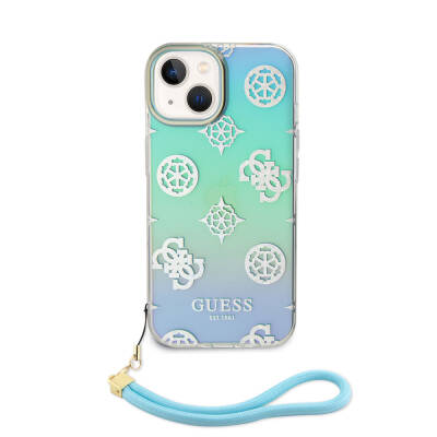 Apple iPhone 15 Case Guess Original Licensed Patterned Text Logo Holographic Glitter Peony Cover with Strap String - 3