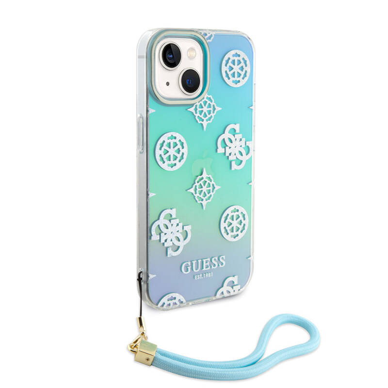 Apple iPhone 15 Case Guess Original Licensed Patterned Text Logo Holographic Glitter Peony Cover with Strap String - 1