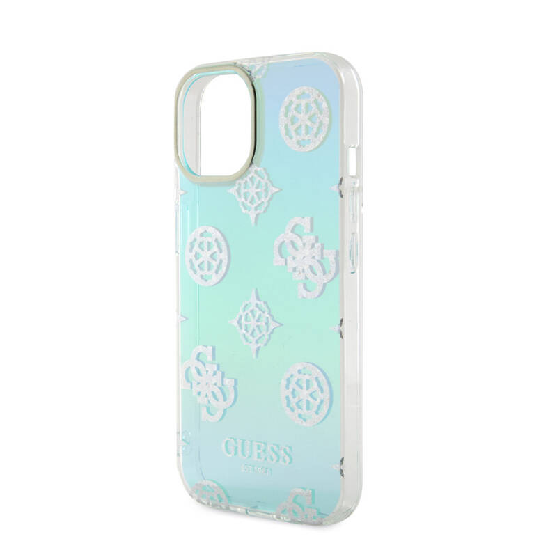 Apple iPhone 15 Case Guess Original Licensed Patterned Text Logo Holographic Glitter Peony Cover with Strap String - 5