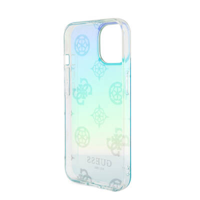 Apple iPhone 15 Case Guess Original Licensed Patterned Text Logo Holographic Glitter Peony Cover with Strap String - 6