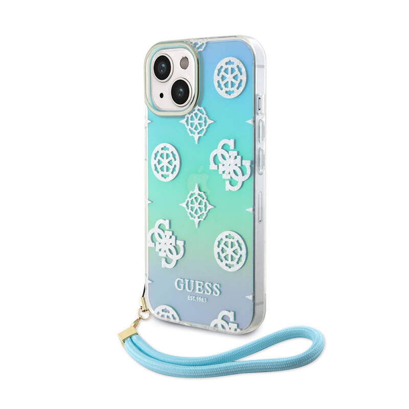 Apple iPhone 15 Case Guess Original Licensed Patterned Text Logo Holographic Glitter Peony Cover with Strap String - 2