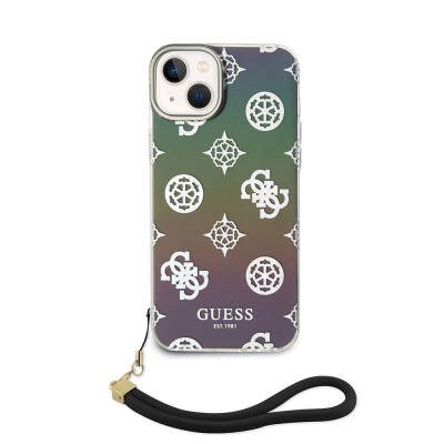 Apple iPhone 15 Case Guess Original Licensed Patterned Text Logo Holographic Glitter Peony Cover with Strap String - 9