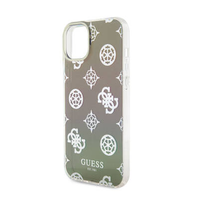 Apple iPhone 15 Case Guess Original Licensed Patterned Text Logo Holographic Glitter Peony Cover with Strap String - 12