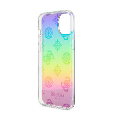 Apple iPhone 15 Case Guess Original Licensed Patterned Text Logo Holographic Glitter Peony Cover with Strap String - 13