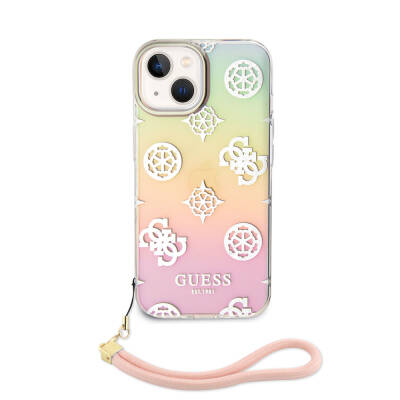 Apple iPhone 15 Case Guess Original Licensed Patterned Text Logo Holographic Glitter Peony Cover with Strap String - 16