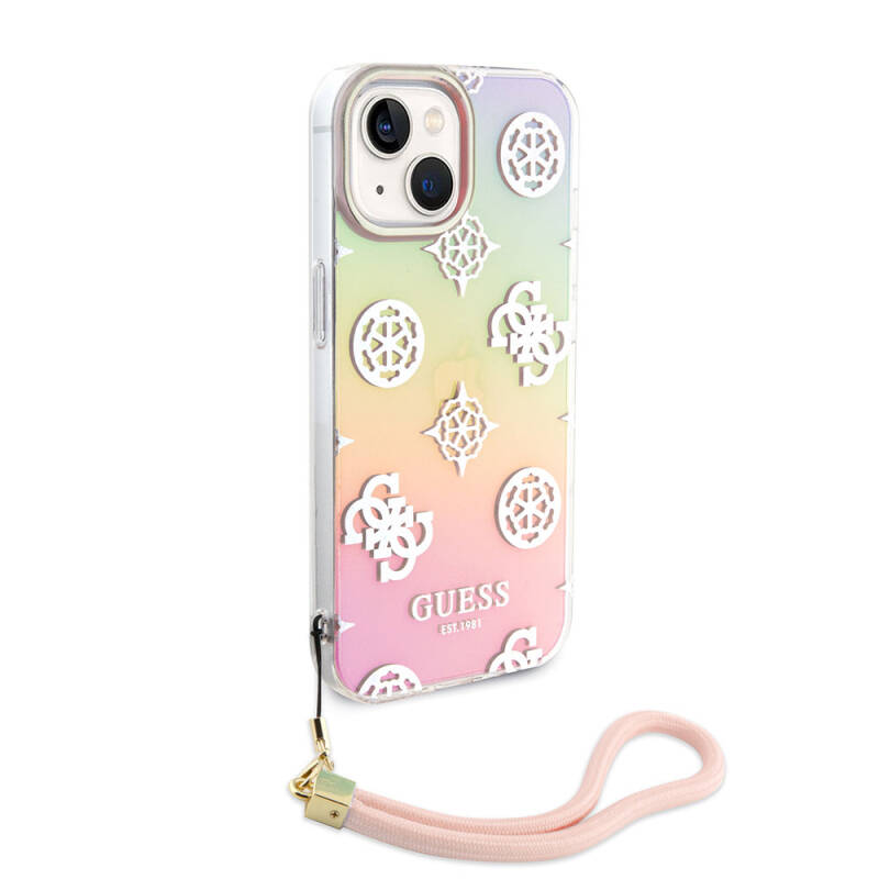 Apple iPhone 15 Case Guess Original Licensed Patterned Text Logo Holographic Glitter Peony Cover with Strap String - 17