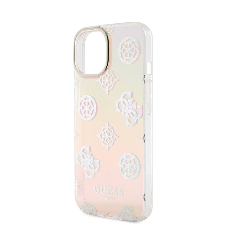 Apple iPhone 15 Case Guess Original Licensed Patterned Text Logo Holographic Glitter Peony Cover with Strap String - 19