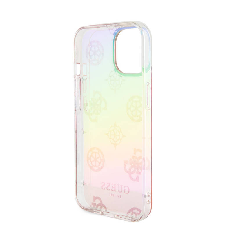 Apple iPhone 15 Case Guess Original Licensed Patterned Text Logo Holographic Glitter Peony Cover with Strap String - 20