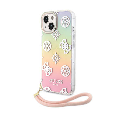 Apple iPhone 15 Case Guess Original Licensed Patterned Text Logo Holographic Glitter Peony Cover with Strap String - 15