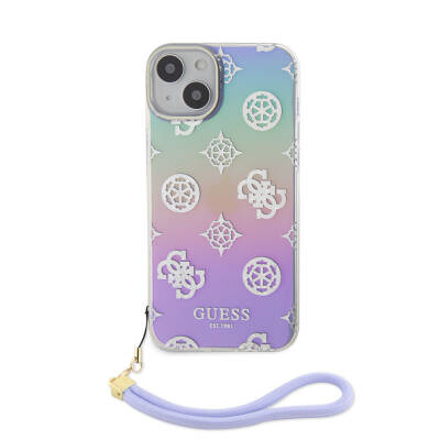 Apple iPhone 15 Case Guess Original Licensed Patterned Text Logo Holographic Glitter Peony Cover with Strap String - 23