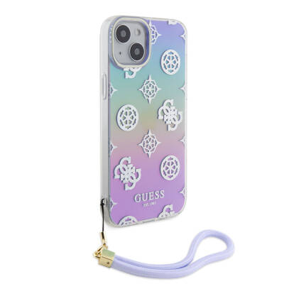 Apple iPhone 15 Case Guess Original Licensed Patterned Text Logo Holographic Glitter Peony Cover with Strap String - 24