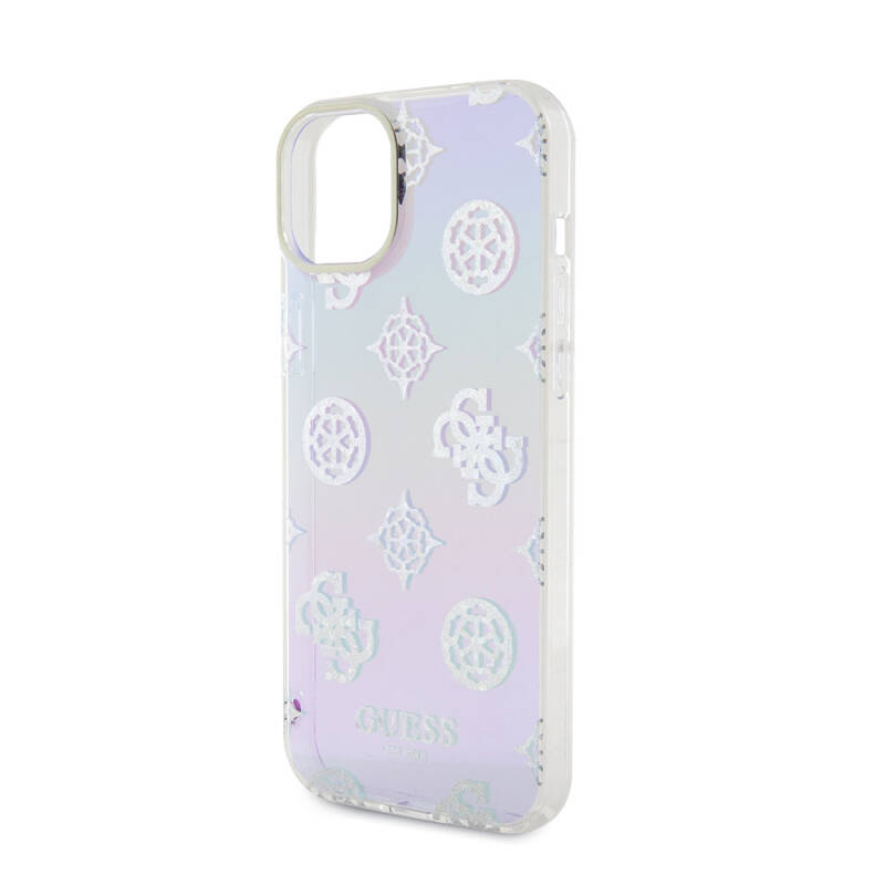 Apple iPhone 15 Case Guess Original Licensed Patterned Text Logo Holographic Glitter Peony Cover with Strap String - 26