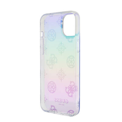 Apple iPhone 15 Case Guess Original Licensed Patterned Text Logo Holographic Glitter Peony Cover with Strap String - 27