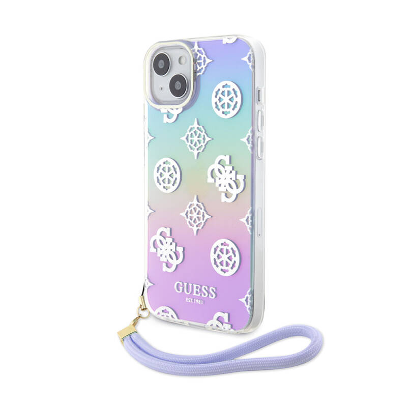 Apple iPhone 15 Case Guess Original Licensed Patterned Text Logo Holographic Glitter Peony Cover with Strap String - 22