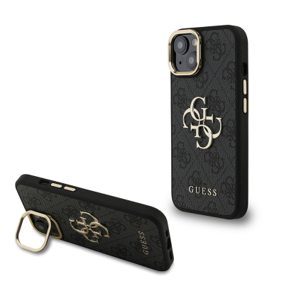 Apple iPhone 15 Case Guess Original Licensed PU Leather 4G Patterned Metal Big 4G and Text Logo Camera Stand Cover - 1